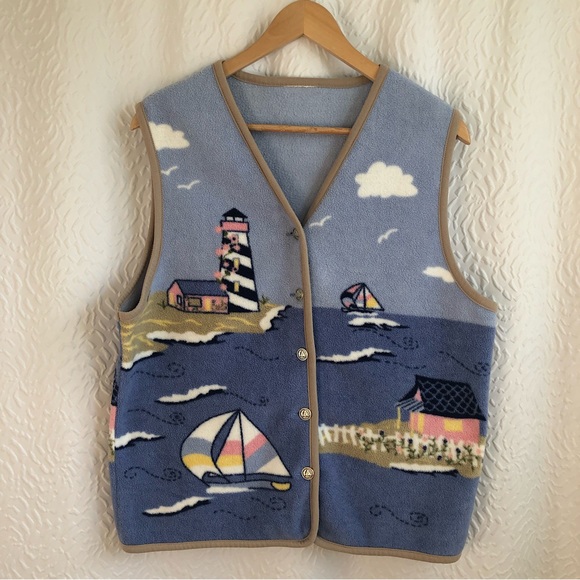 Northern Reflections Jackets & Blazers - Northern Reflection Coastal Lighthouse Sailboat Cottage Cape Cod Fleece Vest
